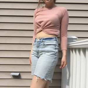 Pink Waffle Knit Twisted Crop Top